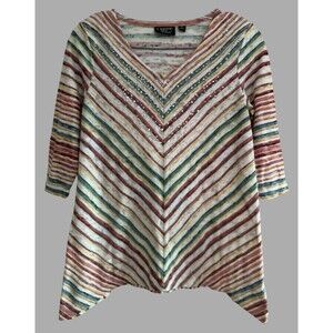 Onque Casuals Blouse Women’s Small Striped V-Neck Multicolor Rhinestone Top